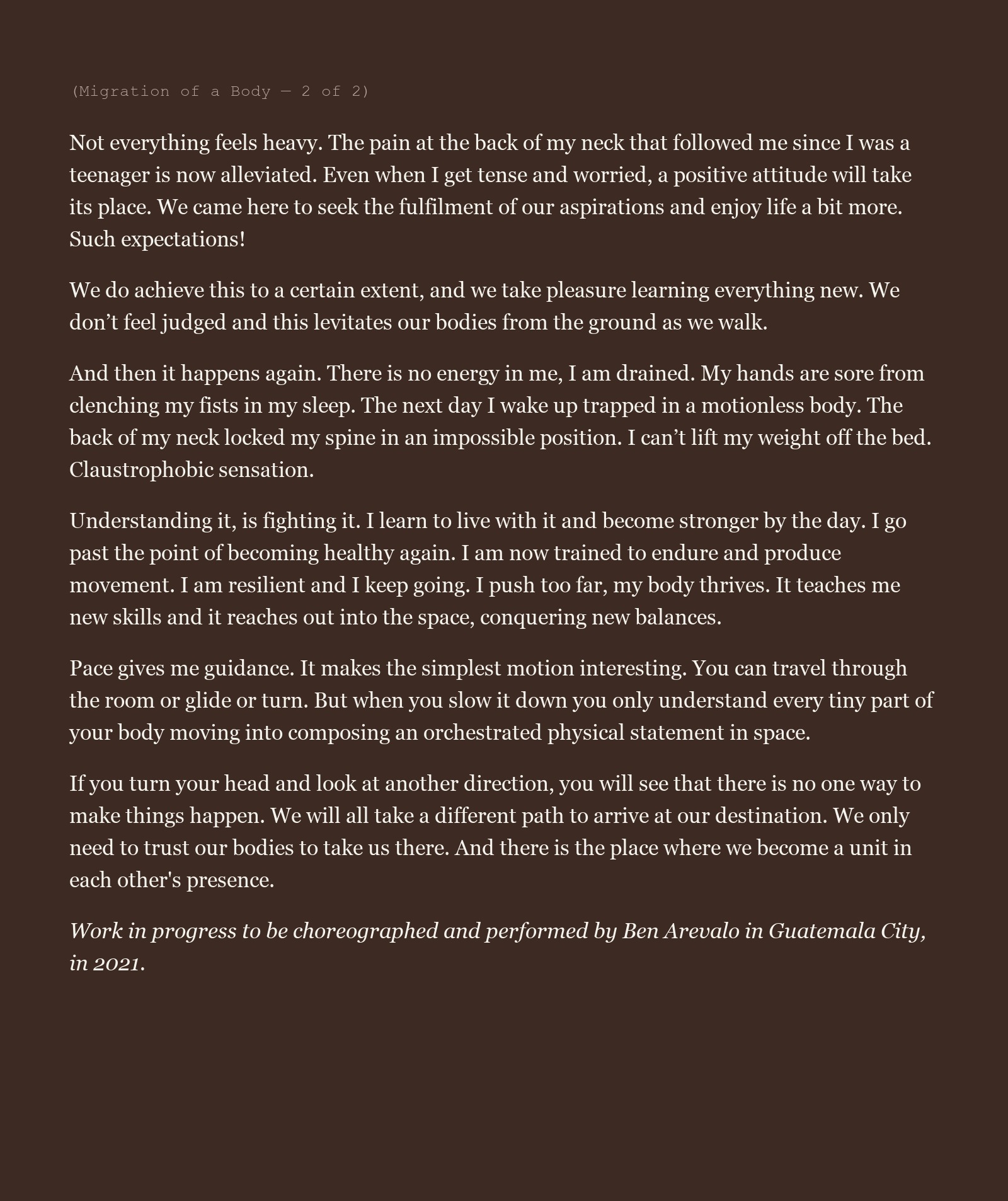 Migration of a Body, page 2 of 2: the essay's closing reflections on endurance and trust in the body