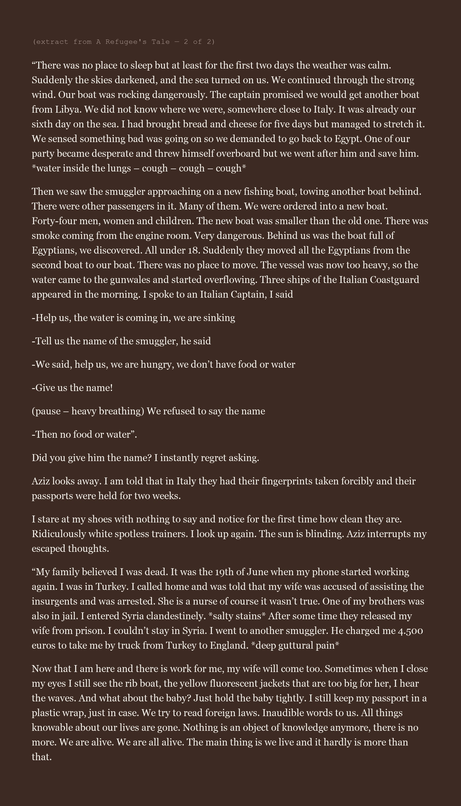 Extract from A Refugee's Tale, page 2 of 2: the second half of Aziz's testimony, from the crossing at sea to his closing words