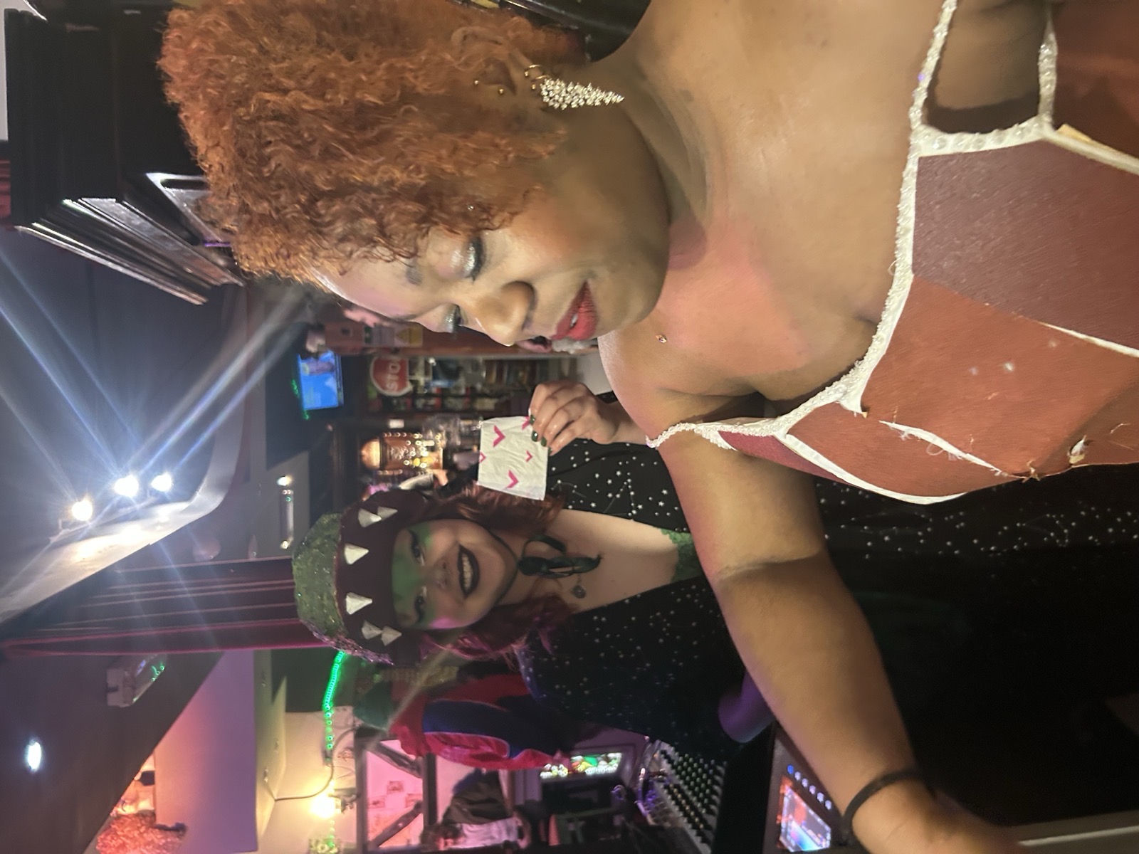 Cis-Celeste with a friend in costume at a bar after the show