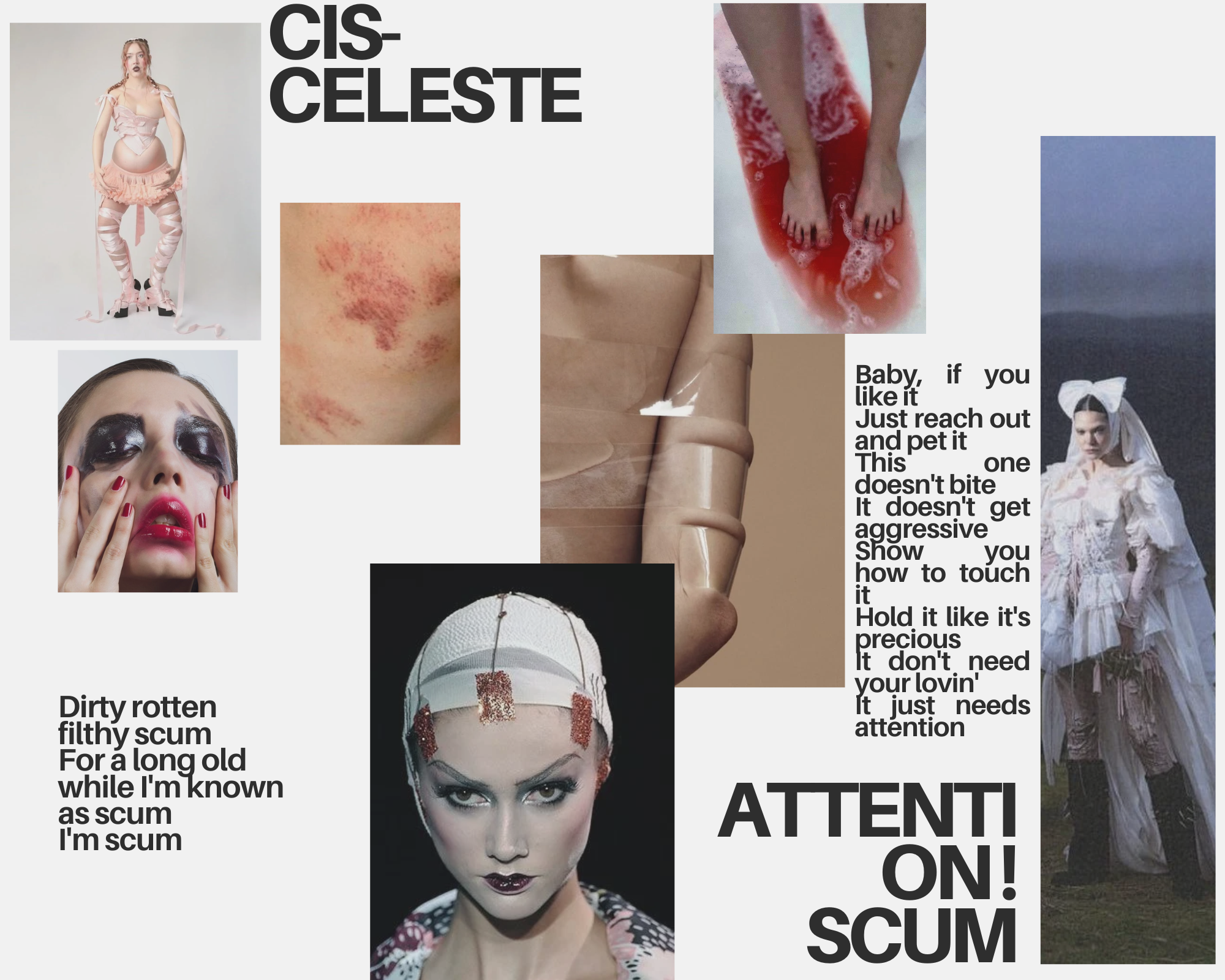 Moodboard for Cis-Section Celeste with Y2K fashion references, healing wounds, and lyrics about attention