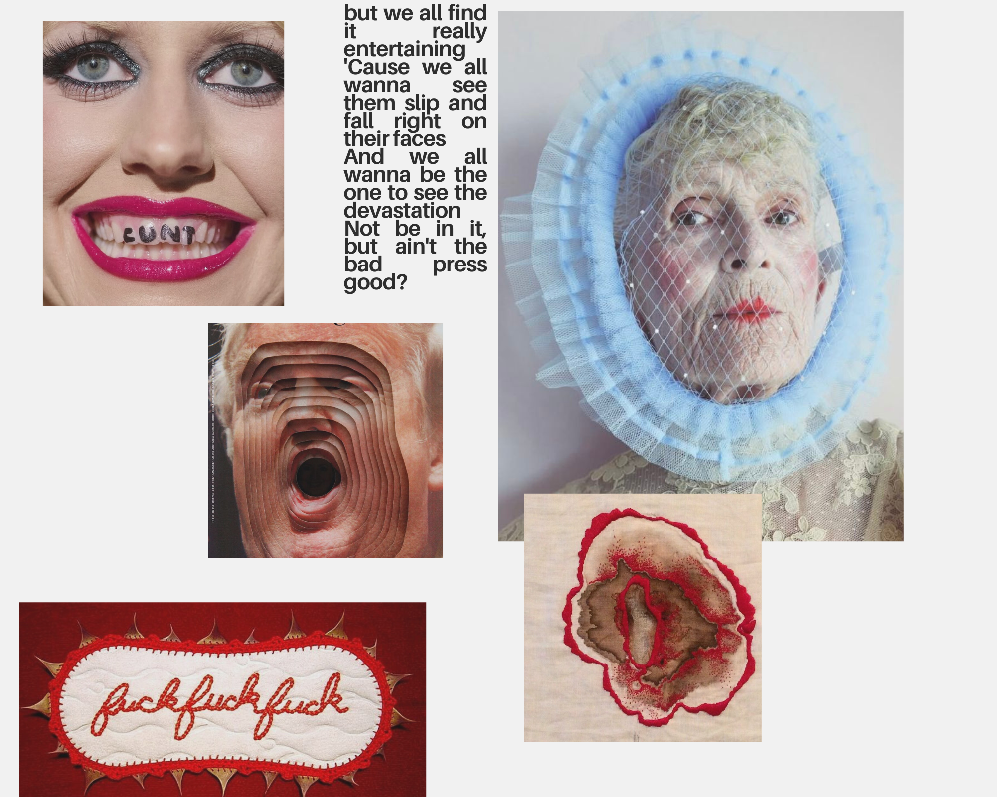 Moodboard referencing feminist body-horror imagery, embroidered text, and lyrics about public scrutiny