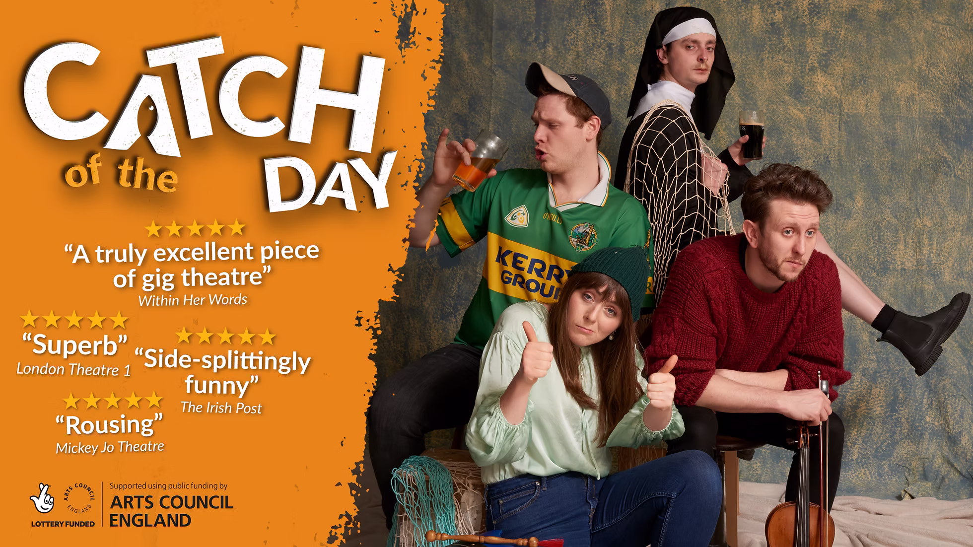 Catch of the Day show poster: four performers in GAA jersey, nun's habit, and fishing gear, holding drinks and a fiddle